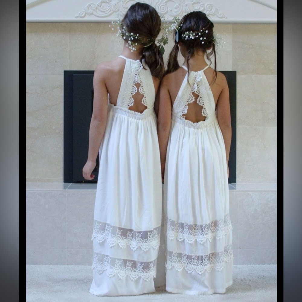 Summerly Sydney Grace Long White Chiffon  Flower Girl Dress Size 9 NWT